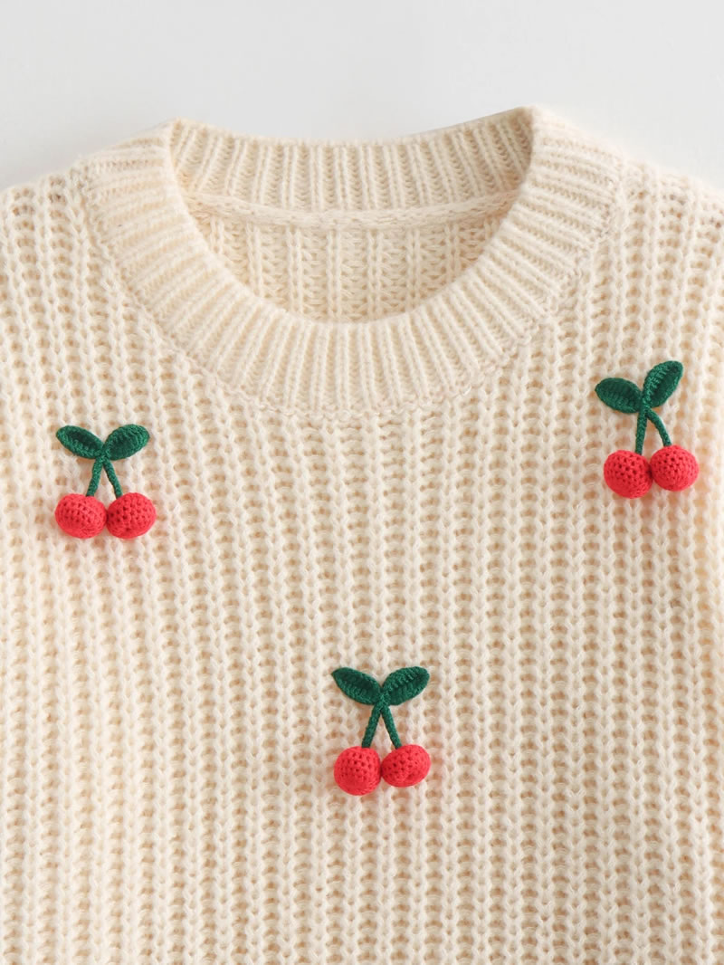 Fashion Off White Cherry Knit Long Sleeve Sweater,Sweater