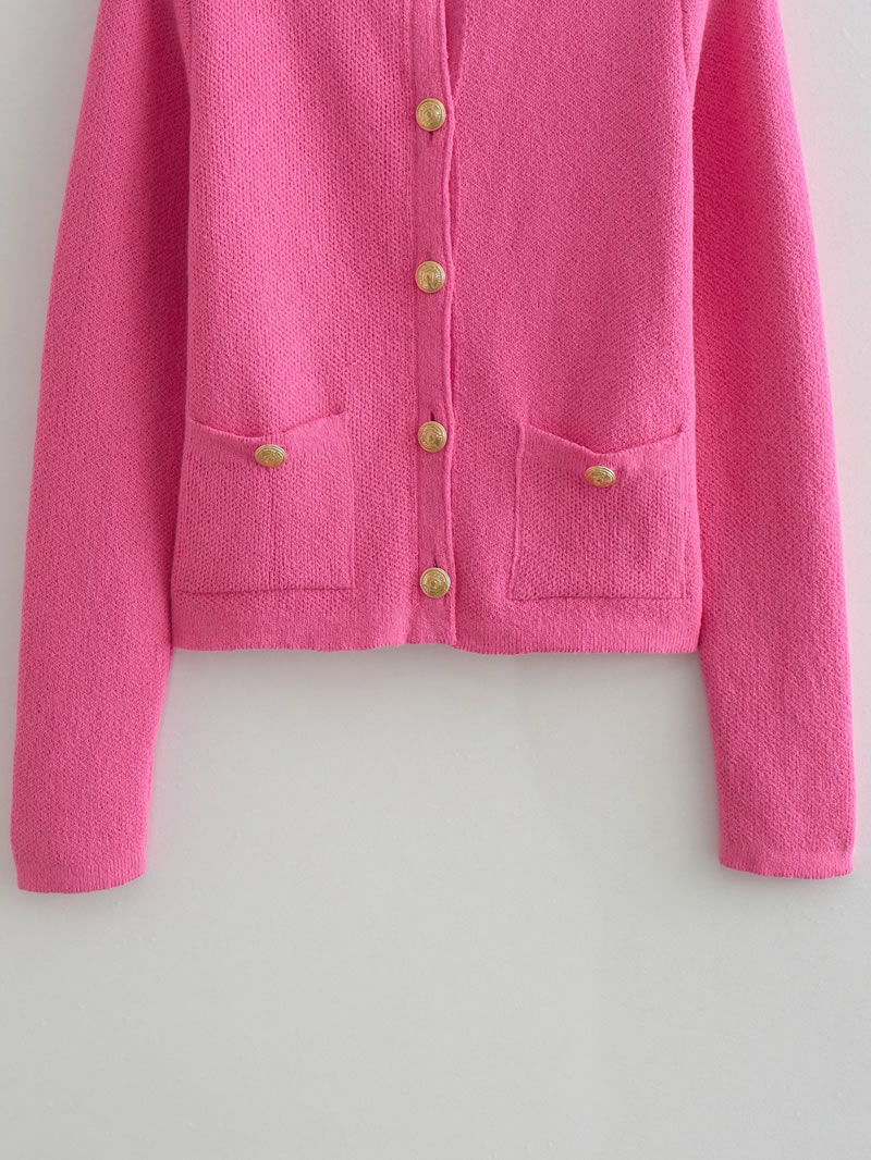 Fashion Rose Red Polyester Buttoned Knitted Jacket,Coat-Jacket