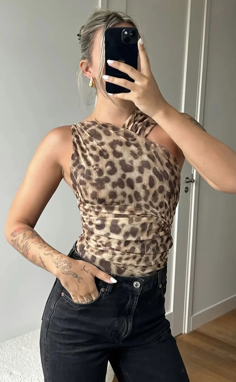 Fashion Leopard Print Asymmetrical Pleated Tulle Jumpsuit,Bodysuits