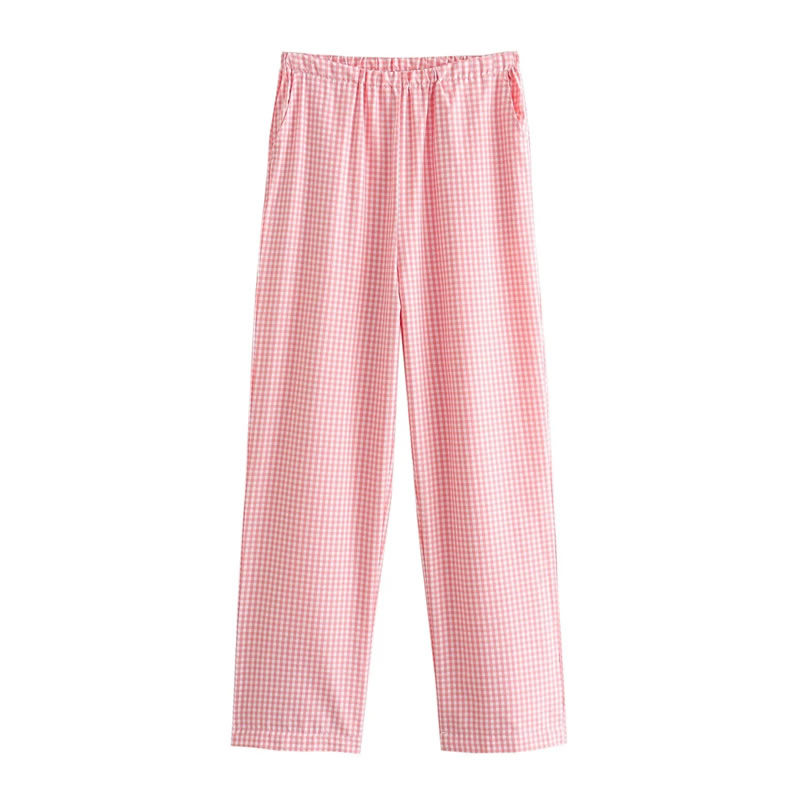 Fashion Pink Checked Wide-leg Trousers,Pants