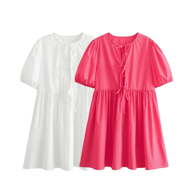 Fashion White Polyester Lace-up Puff Sleeve Skirt,Mini & Short Dresses
