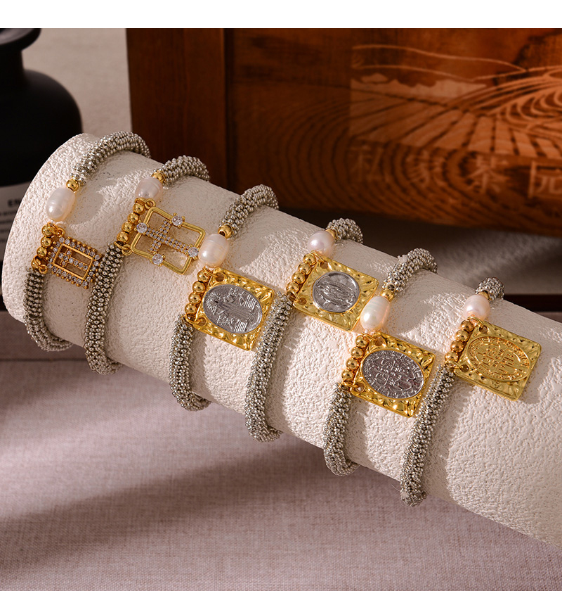 Fashion Golden 7 Copper Square Cross Bead Pendant Pearl Bracelet,Bracelets