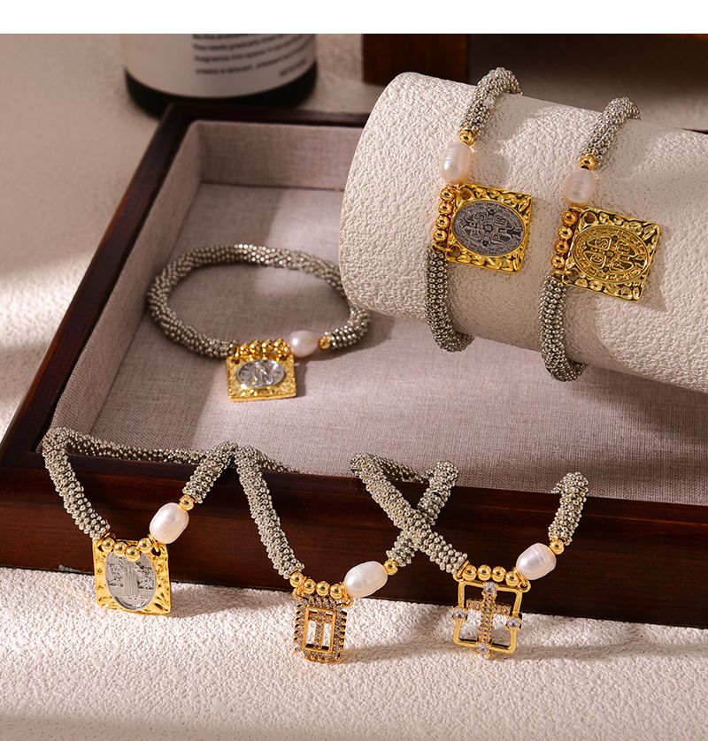 Fashion Golden 3 Copper Square Figure Beaded Pendant Pearl Bracelet,Bracelets