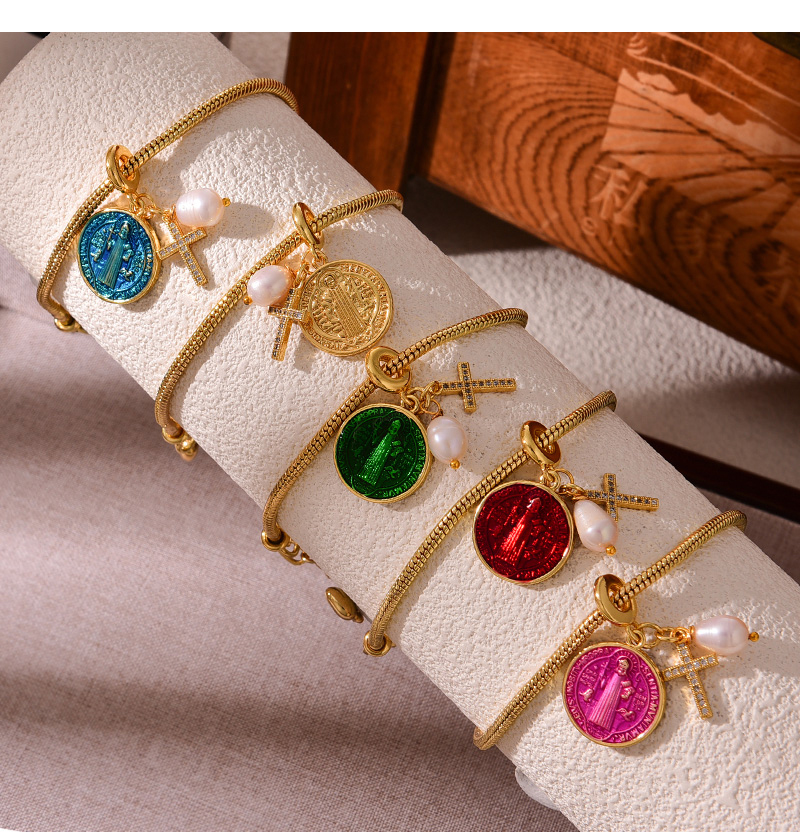 Fashion Gold Copper Inlaid Zircon Cross Pearl Round Double-sided Oil Dripping Portrait Pendant Bracelet,Bracelets