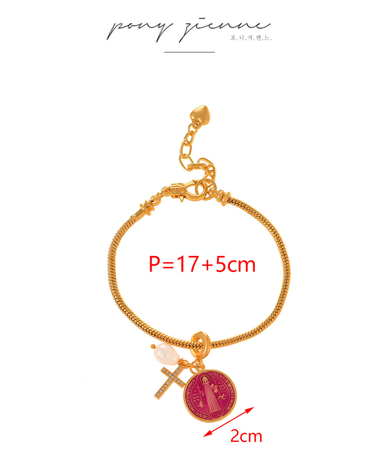 Fashion Rose Red Copper Inlaid Zircon Cross Pearl Round Double-sided Oil Dripping Portrait Pendant Bracelet,Bracelets