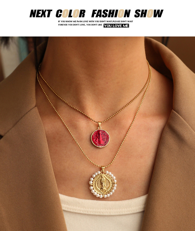Fashion Rose Red Titanium Steel Drip Oil Round Double-sided Portrait Pendant Bead Necklace,Necklaces