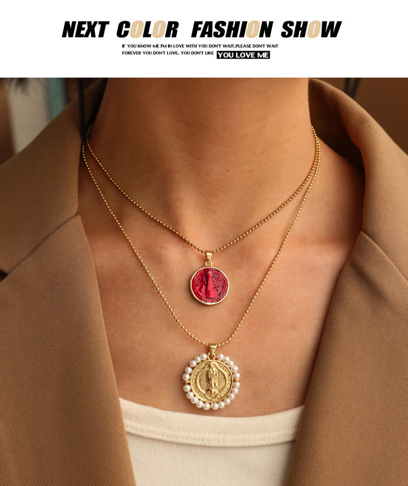 Fashion Gold Copper Round Reversible Portrait Beaded Pendant Pearl Necklace,Necklaces