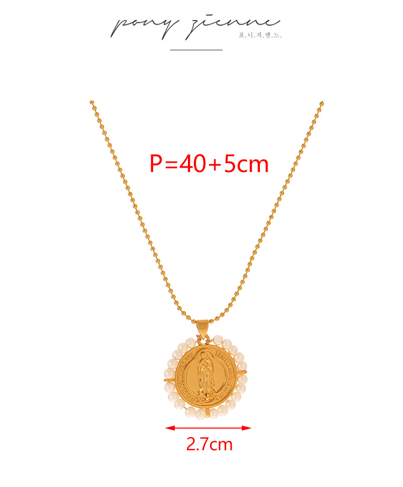 Fashion Gold Copper Round Reversible Portrait Beaded Pendant Pearl Necklace,Necklaces
