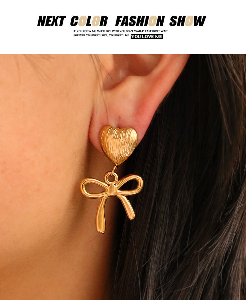 Fashion Golden 2 Titanium Steel Love Pendant Bow Earrings,Earrings