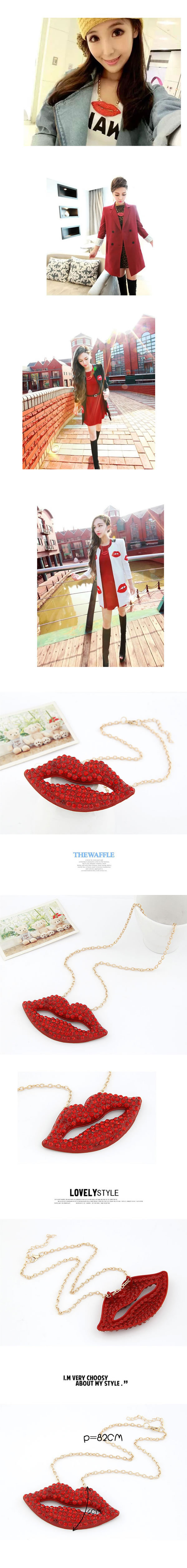 Athletic Red Lip Decorated With Cz Diamond Pendant Alloy Bib Necklaces,Bib Necklaces