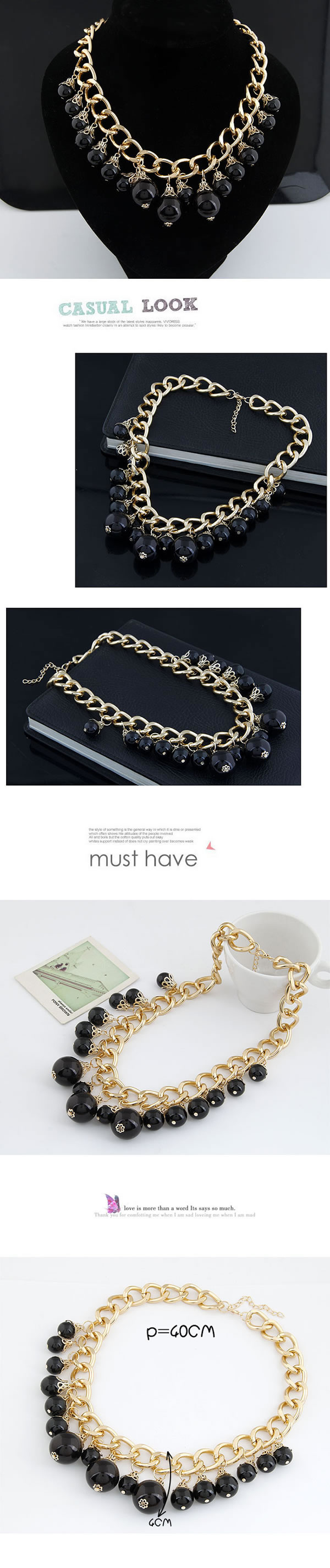 Tapered Black Imitate Pearl Short Design Alloy Chains,Chains