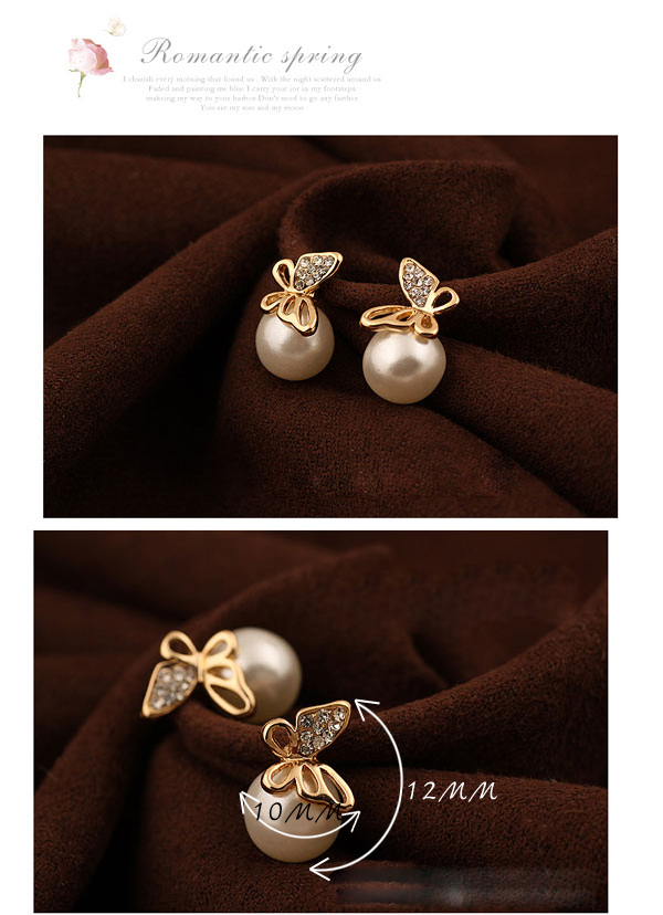 Posh Gold Color Butterfly Pearl Design,Stud Earrings