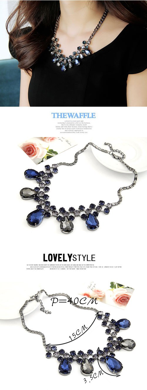 Initial Sapphire Gemstone Decorated Water Drop Design Alloy Bib Necklaces,Bib Necklaces