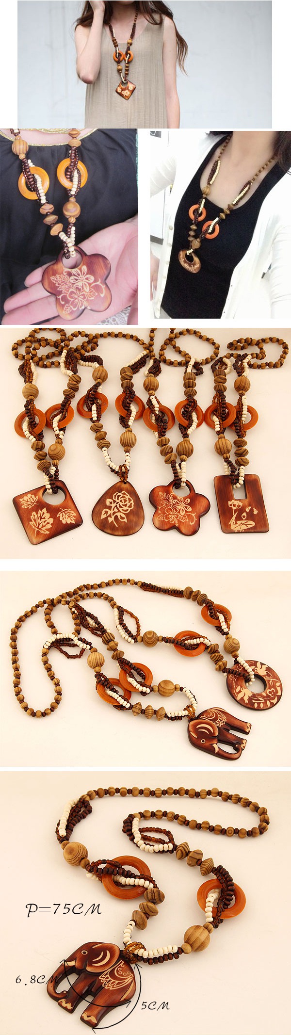 Personaliz Coffee Elephant Shape Pendant Wood Beaded Necklaces,Beaded Necklaces