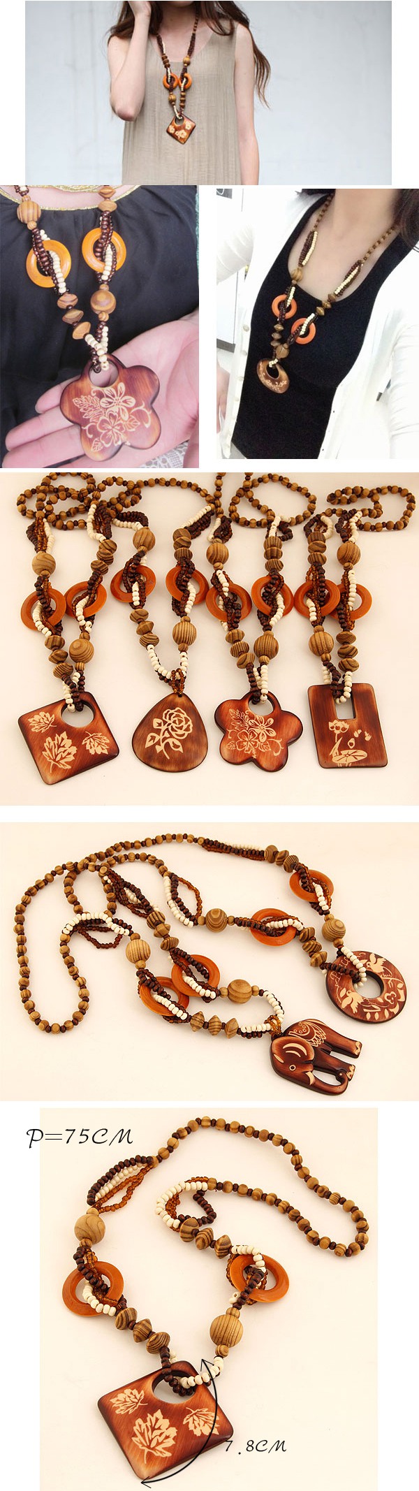 Fashion Coffee Square Shape Pendant Wood Beaded Necklaces,Beaded Necklaces