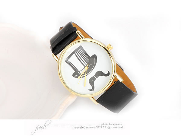Mustard Black Hat Moustache PU Fashion Watches,Ladies Watches