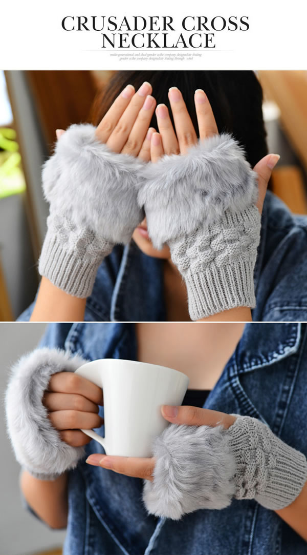 Cocktail White Fingerless Warmer Plaid Knit With Fur,Fingerless Gloves