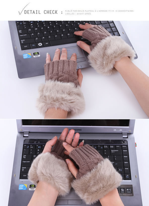 Mechanical Khaki Fingerless Warmer Plaid Knit With Fur,Fingerless Gloves