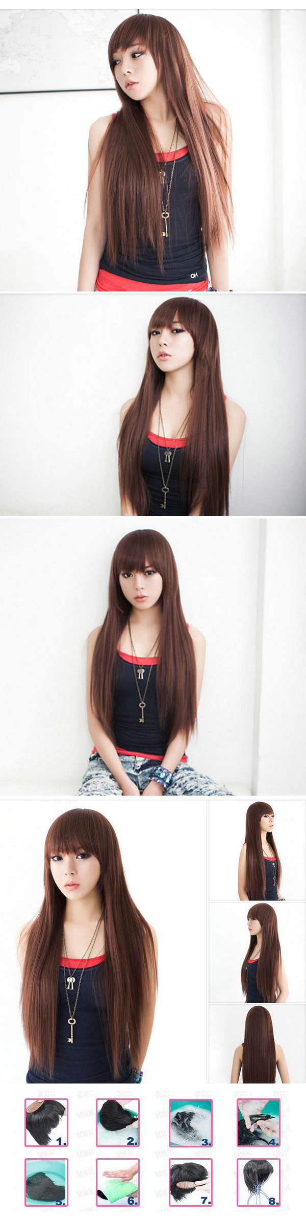 Reflective Nature Black Full Bangs In Long Straight High-Temp Fiber Wigs,Wigs