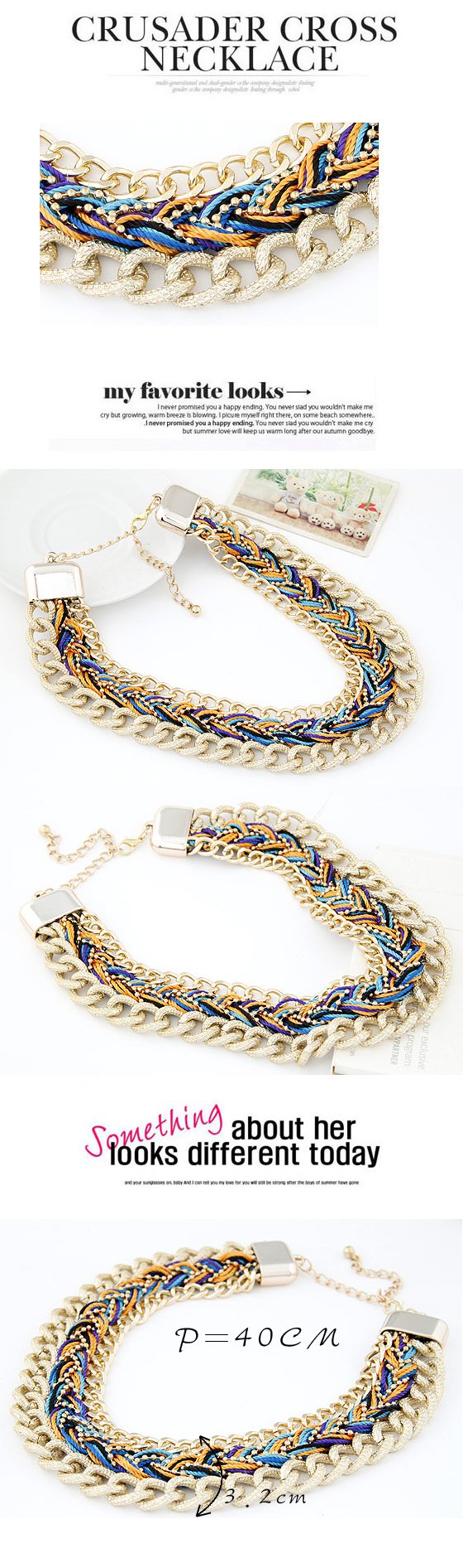 Simple multicolor metal decorated weave design,Bib Necklaces