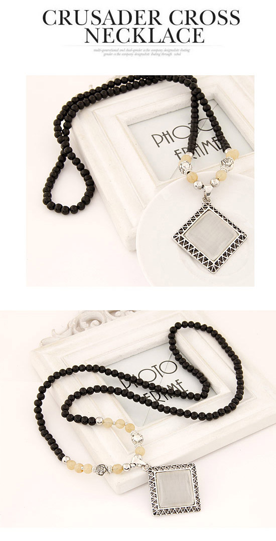 Stationery Silver Color Suqare Pendant Decorated Simple Design Alloy Beaded Necklaces,Beaded Necklaces
