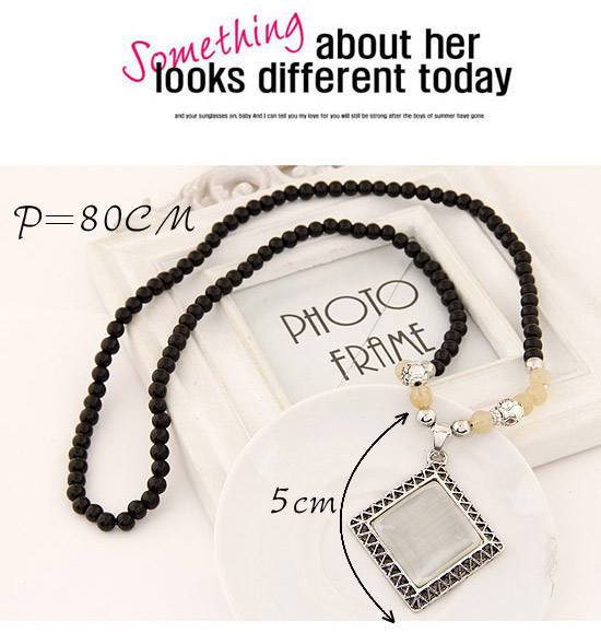 Stationery Silver Color Suqare Pendant Decorated Simple Design Alloy Beaded Necklaces,Beaded Necklaces