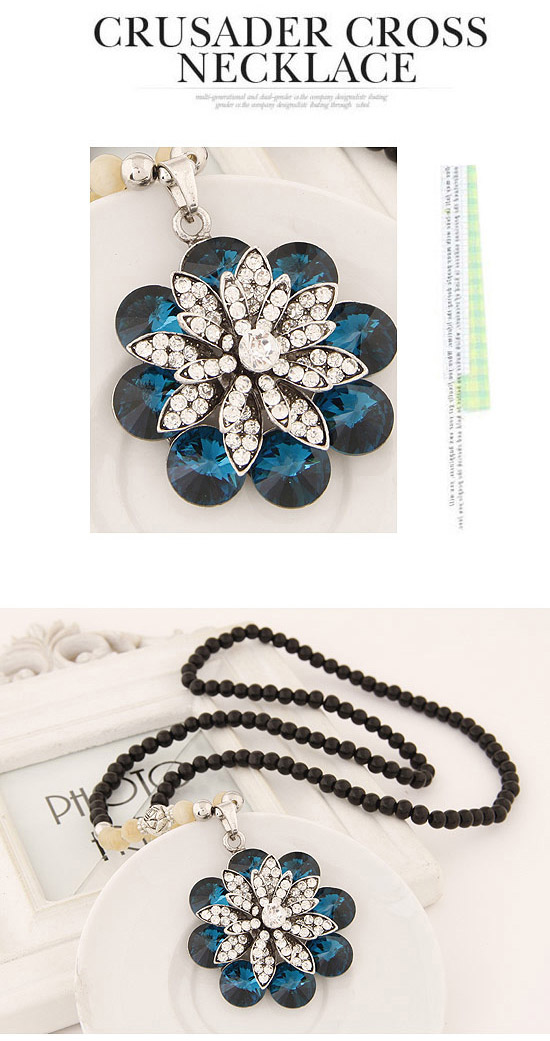 Limited Blue Diamond Decorated Flower Pendant Design Alloy Beaded Necklaces,Beaded Necklaces