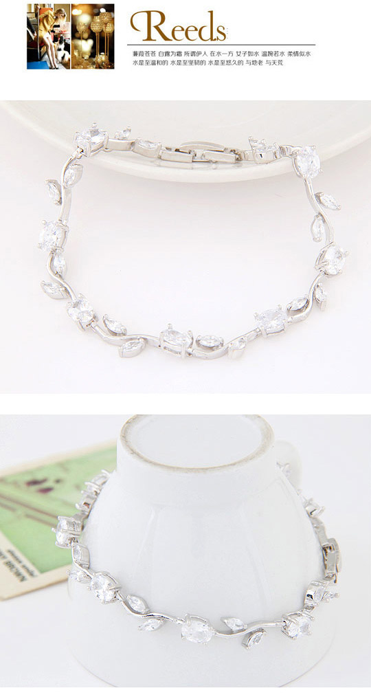Simple White Diamond Decorated Leaf Shape Design Zircon Crystal Bracelets ,Crystal Bracelets