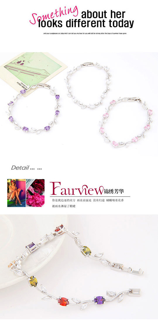 Decorative Pink Diamond Decorated Leaf Shape Design Zircon Crystal Bracelets ,Crystal Bracelets