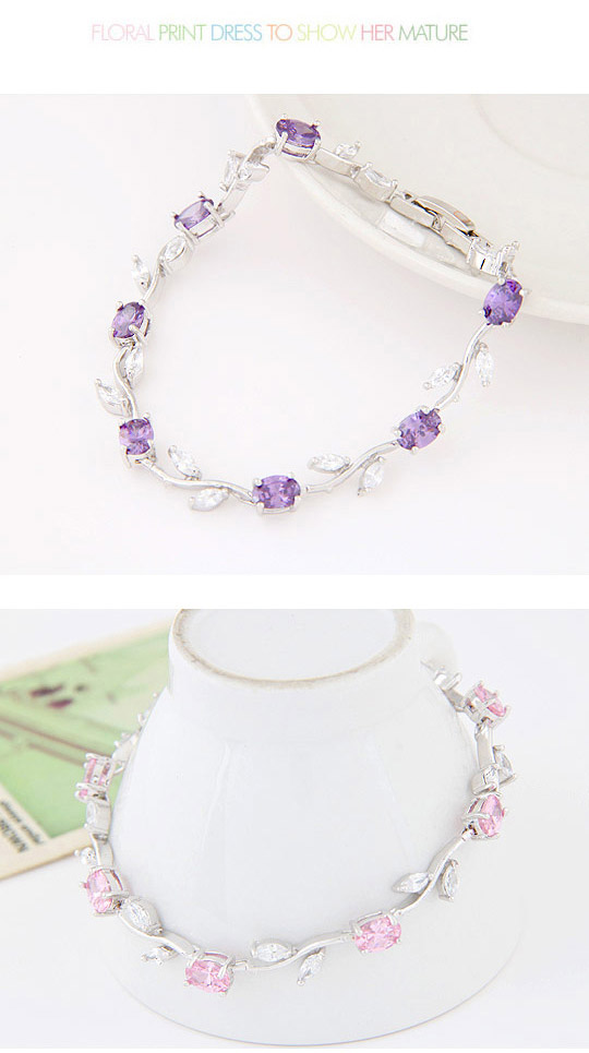 Decorative Pink Diamond Decorated Leaf Shape Design Zircon Crystal Bracelets ,Crystal Bracelets