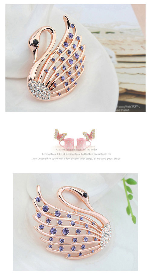 Kinetic Pinkish Purple Diamond Decorated Swan Shape Design Alloy Crystal Brooches ,Crystal Brooches