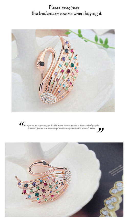 Active Multicolor & Rose Gold Diamond Decorated Swan Shape Design Alloy Crystal Brooches ,Crystal Brooches