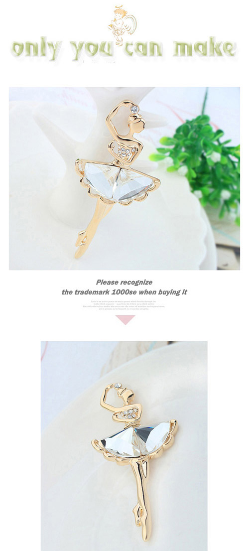 Top Rated White & Champagne Gold Dancing Girl Shape Decorated Simple Design Alloy Crystal Brooches ,Crystal Brooches