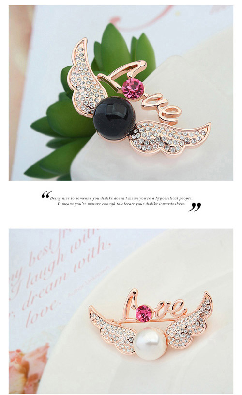 Micro Copper & Rose Gold Pearl Decorated Wings Shape Design Alloy Crystal Brooches ,Crystal Brooches