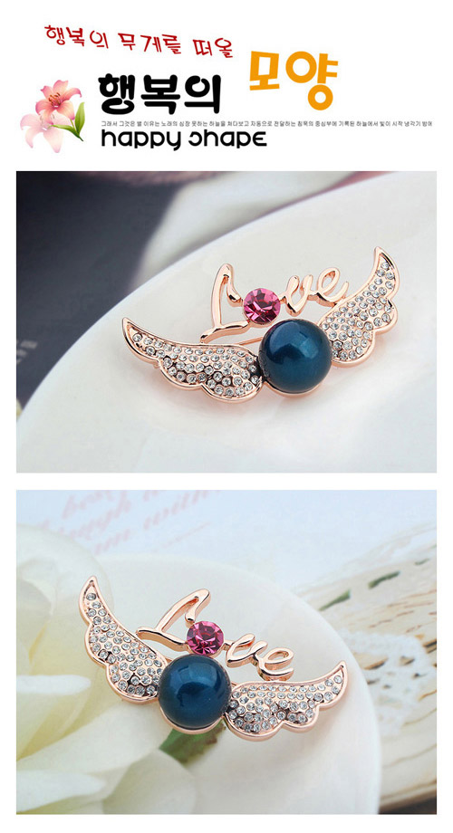 Wonderful Dark Blue & Rose Gold Pearl Decorated Wings Shape Design Alloy Crystal Brooches ,Crystal Brooches