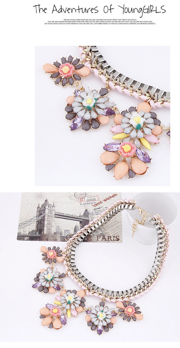 Puritan Pink Flower Decorated Metal Weave Design,Bib Necklaces