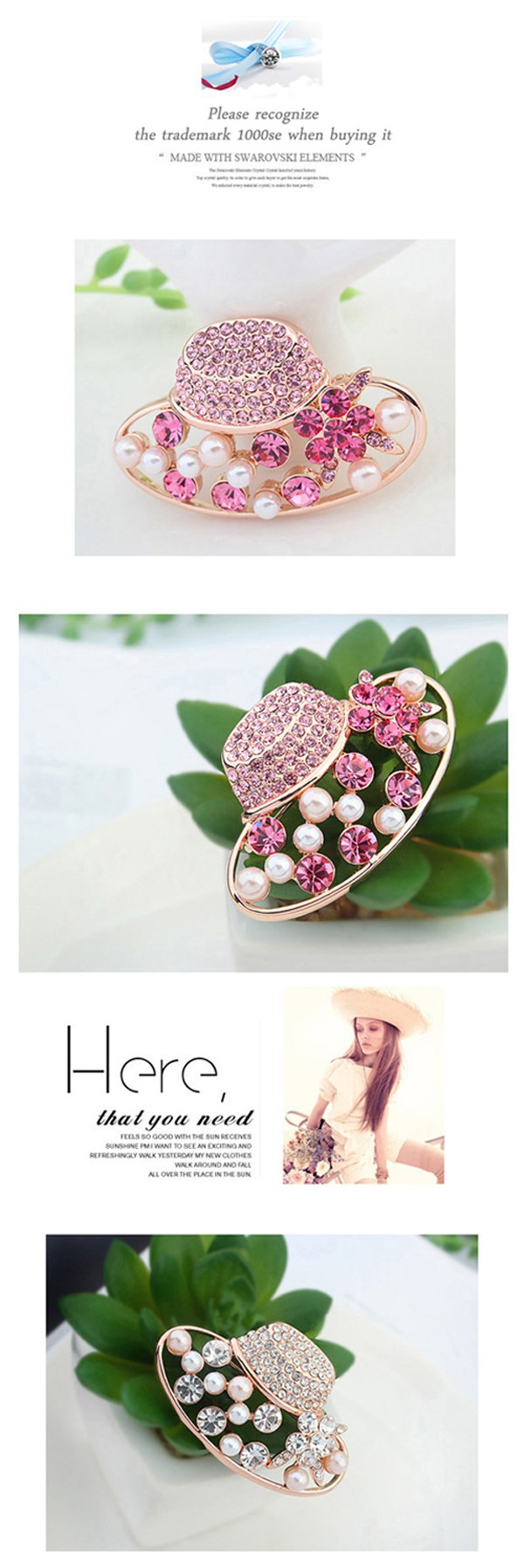 Concealed Light Plum Red & Rose Gold Diamond Decorated Hat Shape Design Alloy Crystal Brooches ,Crystal Brooches