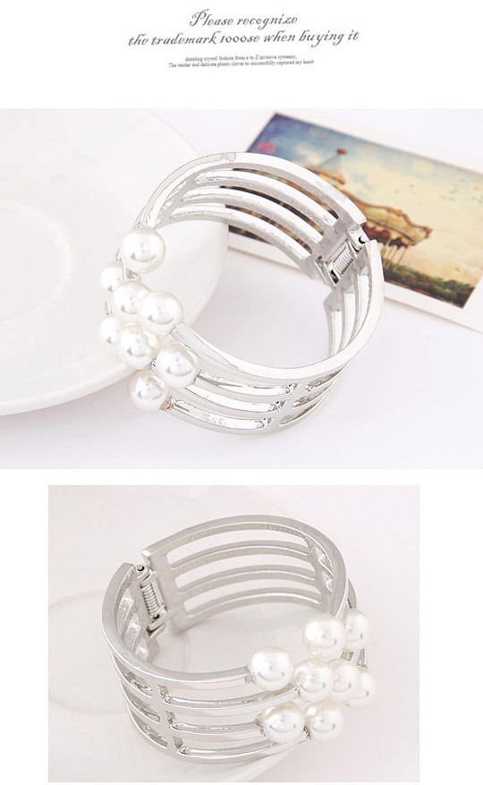 Plussize Silver Color Pearl Decorated Multilayer Design Alloy Fashion Bangles ,Fashion Bangles