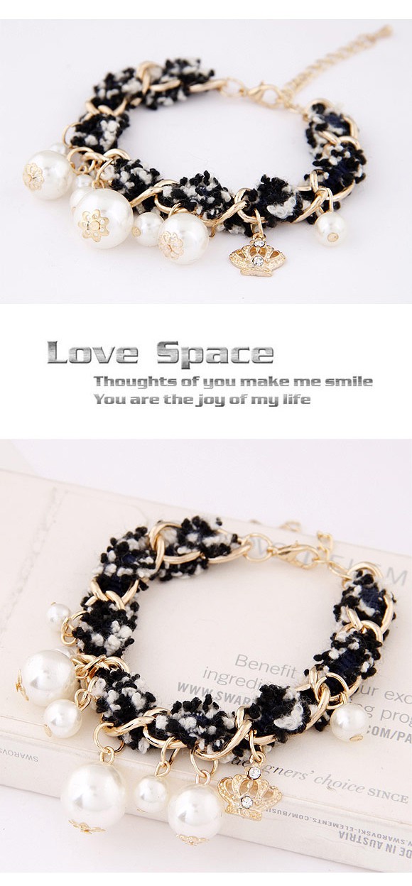 Wholesale Black & White Pearl Decorated Weave Design Alloy Korean Fashion Bracelet ,Fashion Bracelets