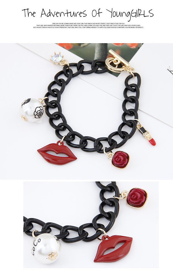 Correspond Red & Black Lips Shape Decorated Simple Design Alloy Korean Fashion Bracelet,Fashion Bracelets