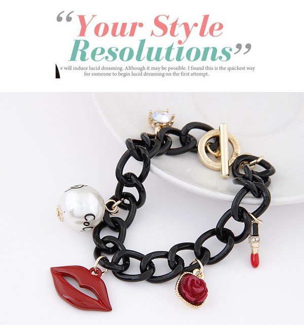 Correspond Red & Black Lips Shape Decorated Simple Design Alloy Korean Fashion Bracelet,Fashion Bracelets