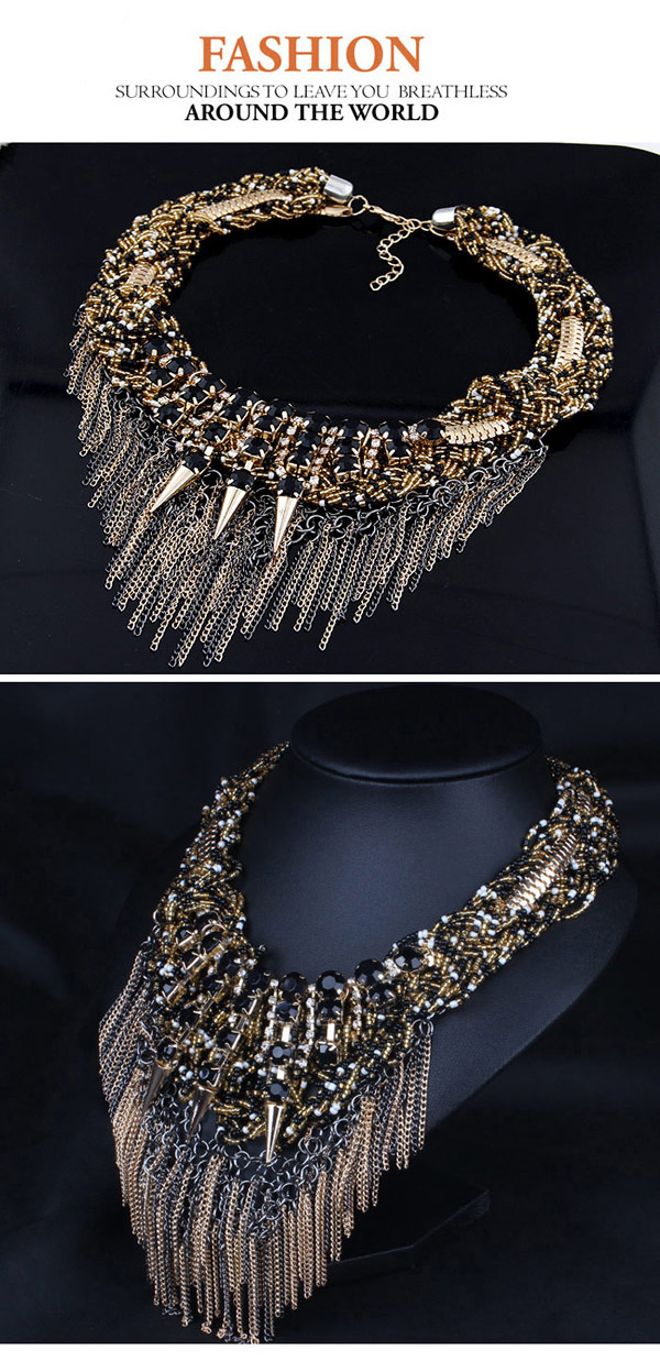 Rave Black Gemstone Decorated Rivet Tassel Design,Bib Necklaces