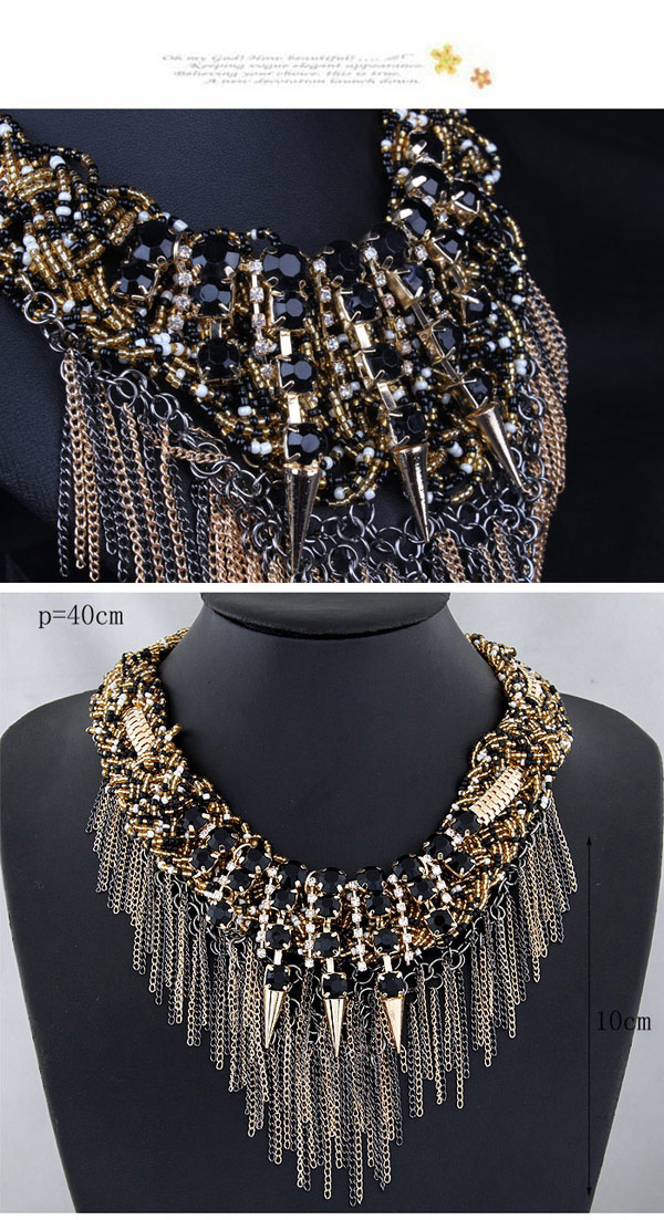 Rave Black Gemstone Decorated Rivet Tassel Design,Bib Necklaces