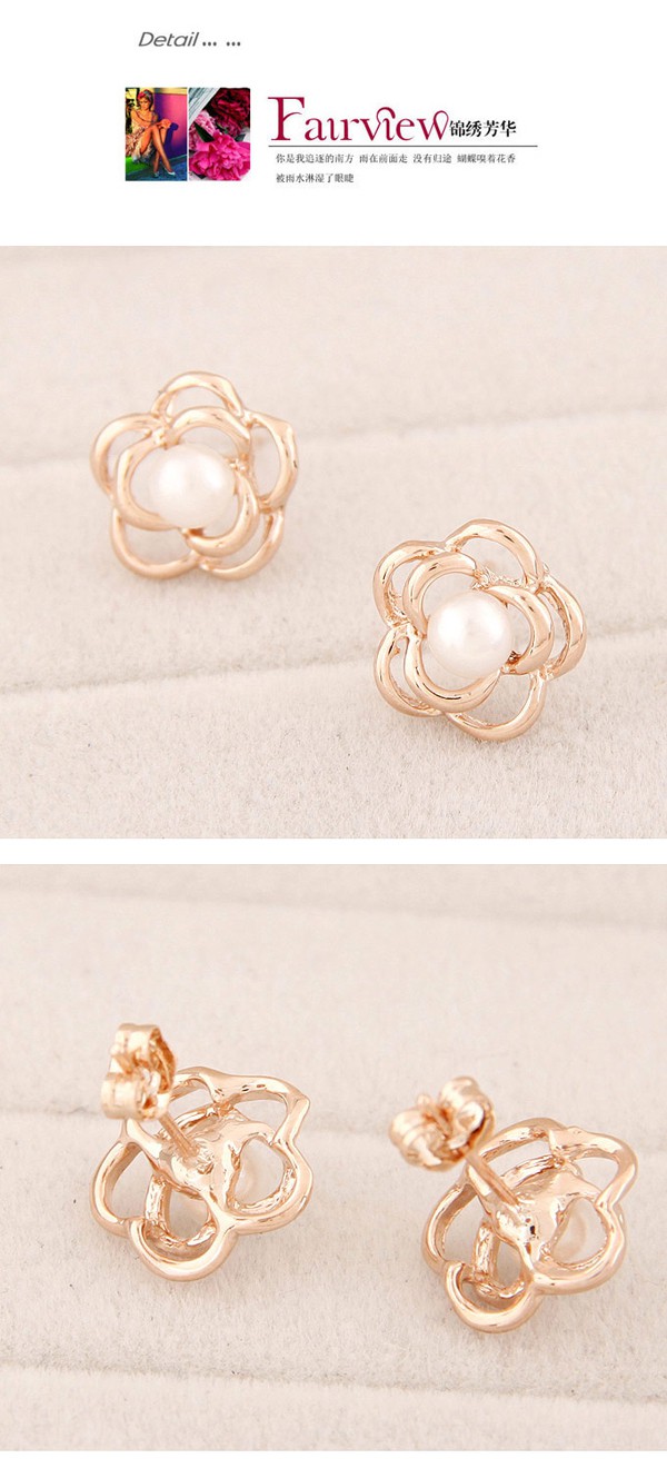 Automatic Gold Color Pearl Decorated Rose Shape Design,Stud Earrings