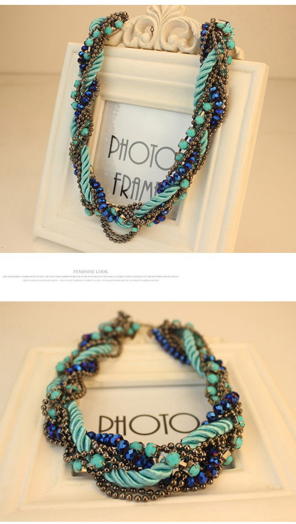 Collar Blue Gemstone Decorated Weave Design,Beaded Necklaces