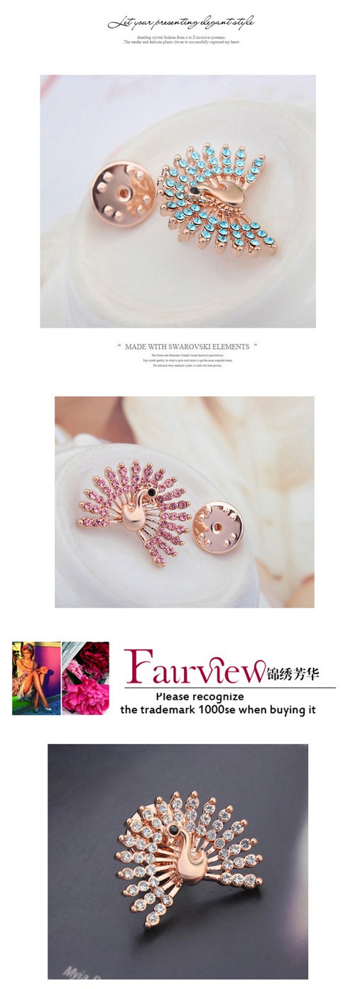 Beautiful Multicolor & Rose Gold Diamond Decorated Peacock Shape Design Alloy Crystal Brooches ,Crystal Brooches