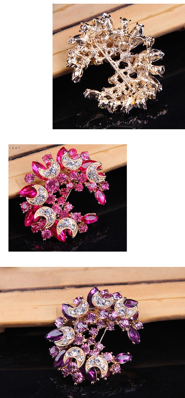 Direct Purple Diamond Decorated Meniscus Shape Design Alloy Crystal Brooches ,Crystal Brooches