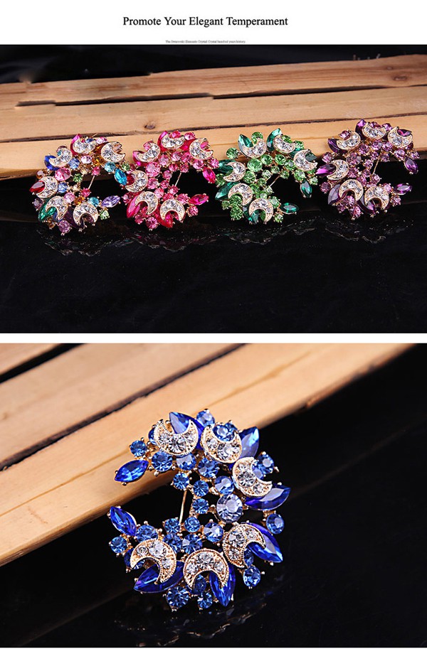 Human Blue Diamond Decorated Meniscus Shape Design Alloy Crystal Brooches ,Crystal Brooches