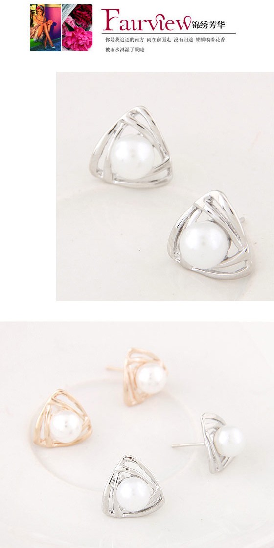 Hurley Gold Color Pearl Decorated Triangle Shape Design,Stud Earrings