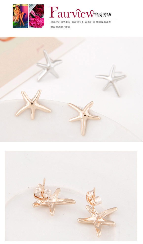 Single Silver Color Starfish Shape  Simple Design,Stud Earrings